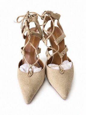Aquazzura Bel Air Ash Nude Neutral Pointed Toe Suede Lace Pumps